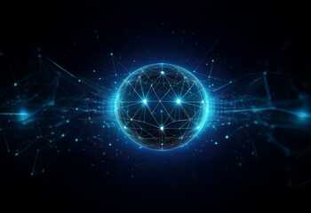 Obraz premium A glowing sphere with lines and dots connected in a web-like structure against a dark blue background.
