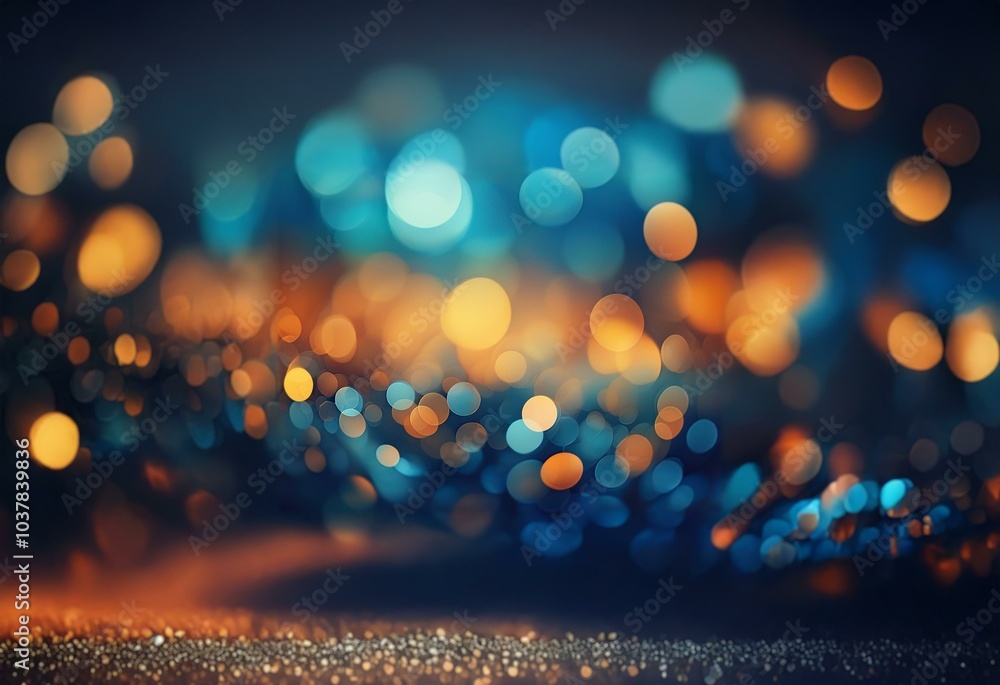 Poster abstract background of golden and blue bokeh lights with sparkling foreground.