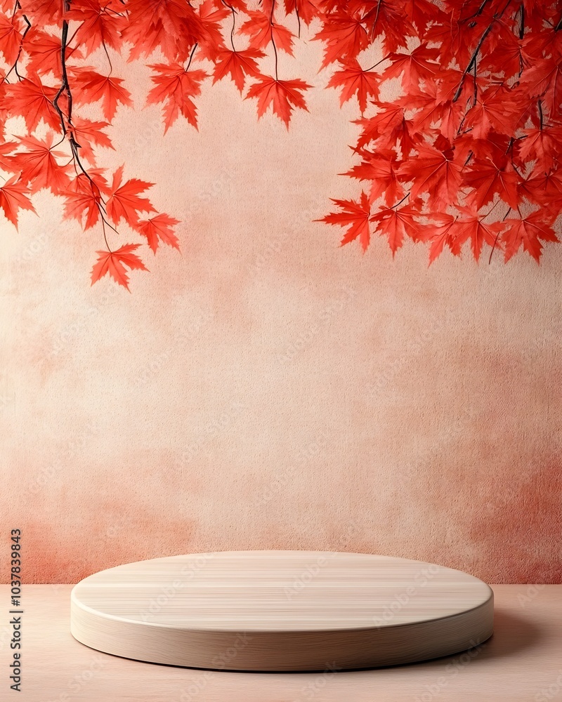 Poster minimalist and elegant wooden podium displayed on a table with hanging red maple leaves in the backg