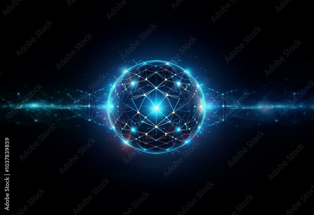 Aufkleber a glowing blue sphere made up of connected lines and points with a dark blue background.
