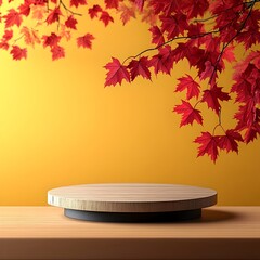 Wooden Round Podium with Red Maple Leaves Hanging in Warm Yellow Orange Background Captured in a Clean and Detailed Product Photography Style with Studio Lighting