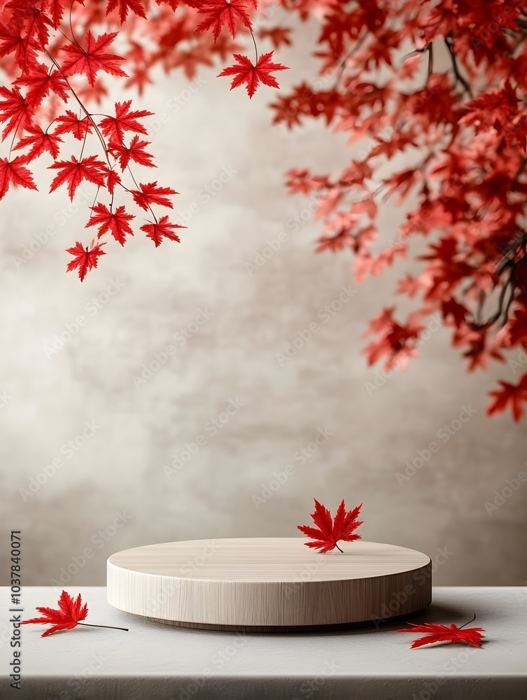 Poster warm and serene wooden round podium on a table with red maple leaves hanging in the background taupe