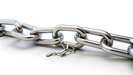 Close-up of broken chain link isolated on white background