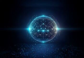 Naklejka premium A glowing sphere with a network of lines and nodes against a dark blue background.