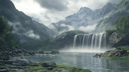 Fototapeta premium Serene Waterfall in a Misty Mountain Valley
