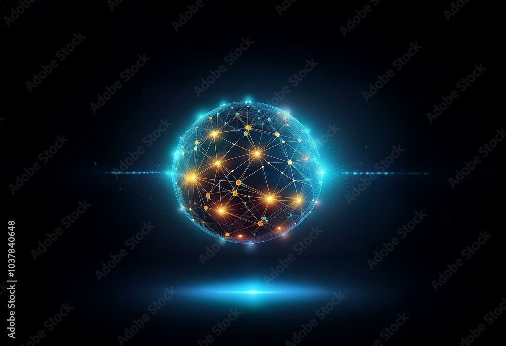 Aufkleber a glowing sphere made of connected lines and dots against a black background.