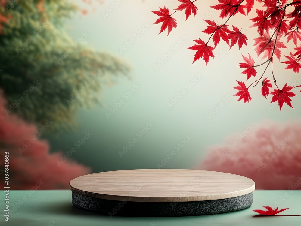 Poster elegant wooden round podium displayed on a table with vibrant red maple leaves in the background war