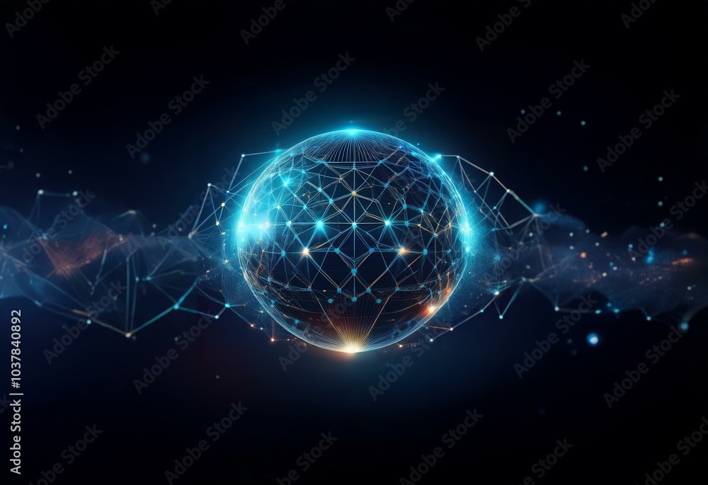 Aufkleber A glowing sphere surrounded by a network of interconnected lines and dots on a dark blue background.