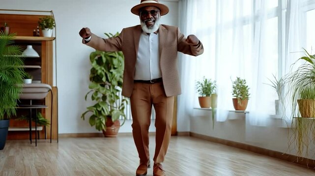 A happy old black man dancing in his home. notions of happiness and well-being.