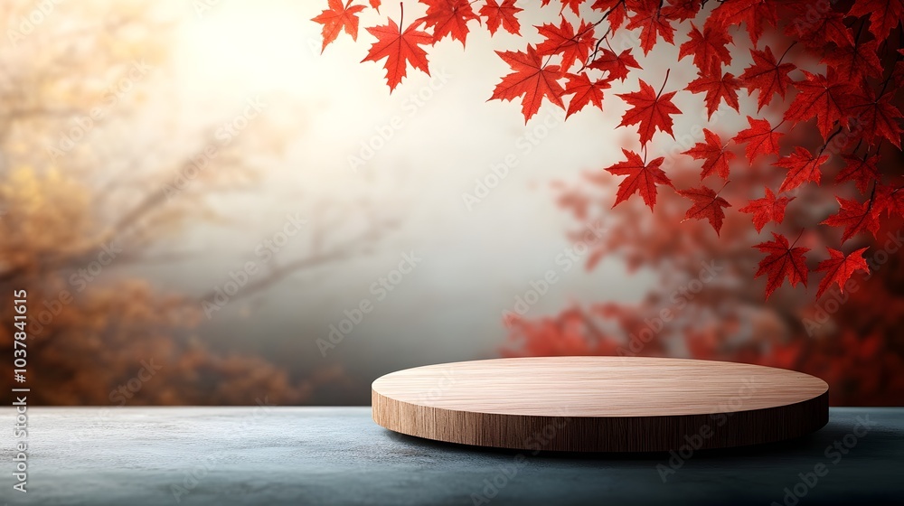 Poster captivating autumn showcase featuring a circular wooden stage atop a table with a stunning backdrop 