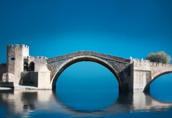 Fototapeta premium A stone bridge with a single arch spanning a body of water. The sky above is a clear, vibrant blue.
