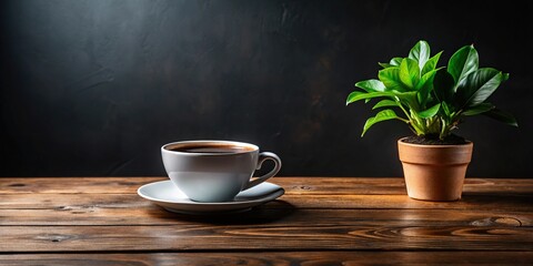 Close-up of coffee cup on wooden table with houseplant and black walls