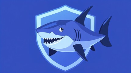 Fototapeta premium A minimalist graphic design showcasing a cartoon-style shark with a clever expression and open eyes, centered within a simple geometric shield. The shark’s playful demeanor adds a whimsical touch 