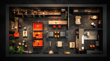 Top-down view of a modern, minimalist office interior with various workspaces, a kitchen, and lounge area.