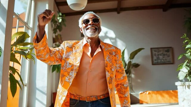A happy old black man dancing in his home. notions of happiness and well-being.