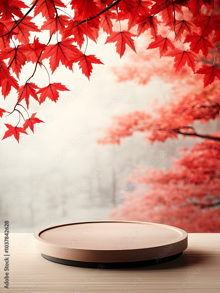 Poster elegant and minimalist wooden podium set against a backdrop of soft red maple leaves showcased in a 
