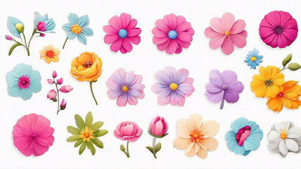 Vivid flower stickers set, perfect for designs, isolated on a light background