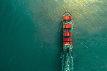 A cargo ship sailing on the water, viewed from above, import and export logistics cargo shipping transportation of goods by container ship on the open sea, cargo ship