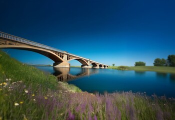 Obraz premium A large stone arch bridge spans a wide river, with green grass and flowers in the foreground.