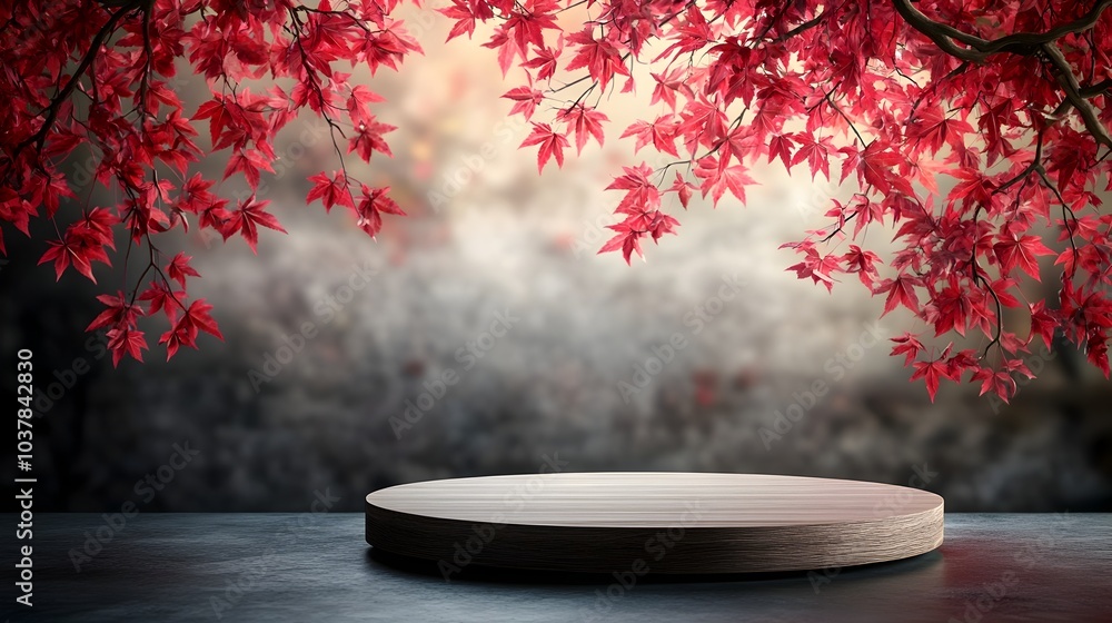 Aufkleber elegant and minimalist autumn inspired product photography scene with a round wooden podium on a tab