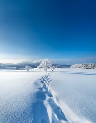  一面が雪で覆われた広大な北海道の風景。白銀の世界に続く広い平野と、遠くにそびえる雪山が美しく調和している。空気は冷たく澄み渡り、木々の枝には霜がつき、静寂に包まれた冬の自然が広がる