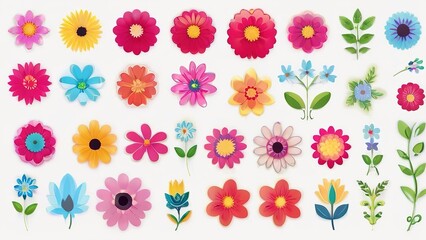 Colorful flower stickers collection, bright and fun, displayed on a light background