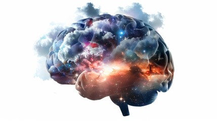 a brain merging with cosmic clouds, with stars twinkling within its convolutions