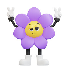 3d Purple flower retro character with yellow face making peace sign suitable for childrens books, greeting cards, stickers, and social media posts.