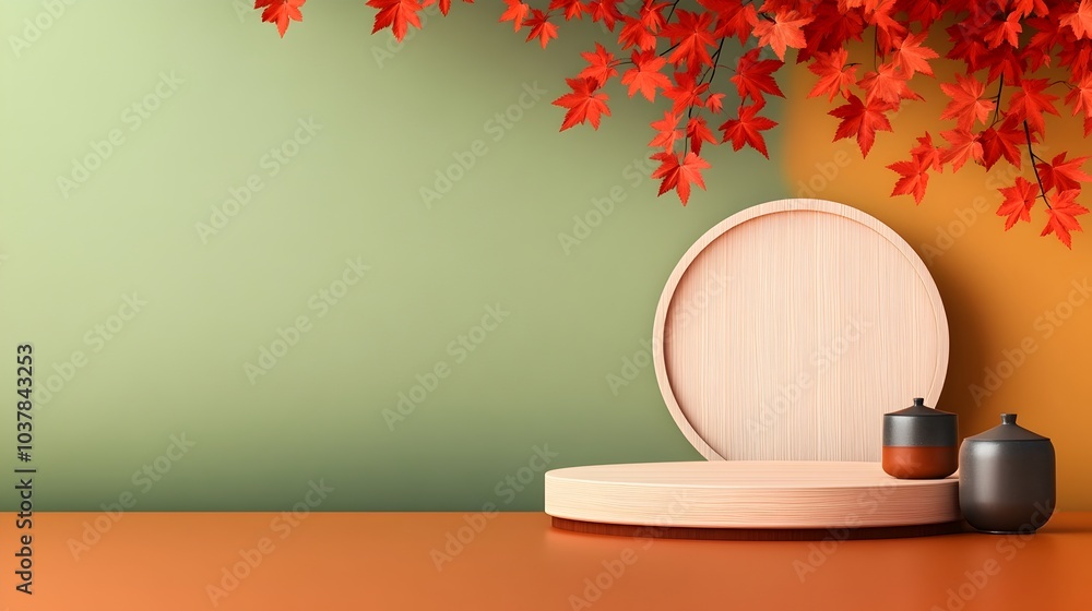 Poster elegant wooden podium displayed on a table with vibrant red maple leaves hanging in the background s