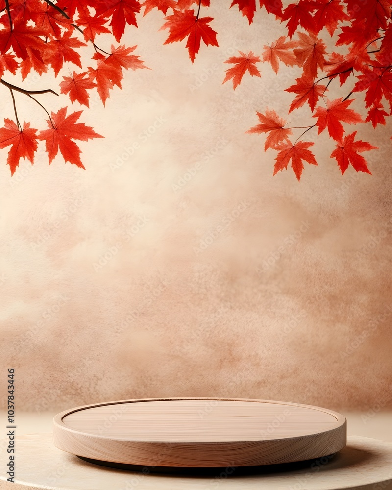 Poster elegant wooden podium displayed on a table with a soft backdrop of red maple leaves in muted peach a