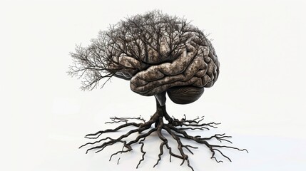 a brain merging with natural elements, with roots extending from its underside and branches reaching towards the sky