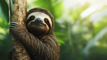 Fototapeta premium A cheerful sloth clings to a tree trunk amidst lush greenery. Its serene expression captures the essence of tranquility in the wild.