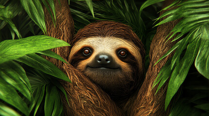 Fototapeta premium A cheerful sloth peeks out from lush green foliage, showcasing its captivating face and distinct features. Perfect for nature-themed visuals.