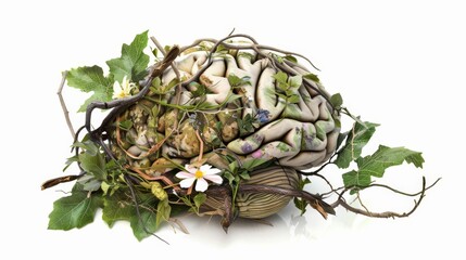 a brain merging with natural elements, with vines and flowers entwined within its folds