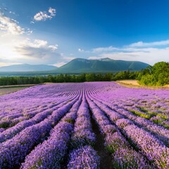 Obraz premium 夏の北海道の富良野に広がる一面のラベンダー畑。紫のラベンダーの花が一斉に咲き誇り、遠くの山々とのコントラストが美しい。風に揺れる花々と、爽やかな夏の空気が感じられる穏やかな風景