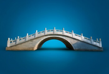 Fototapeta premium A white stone bridge with a rounded archway is isolated on a blue background.