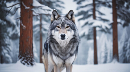 Fototapeta premium A Regal Wolf Amidst the Snow-Covered Pines: Guardian of the Winter Woods