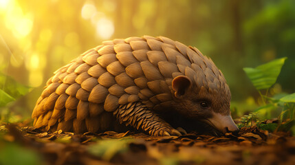 Obraz premium A close-up of a pangolin resting on the forest floor, surrounded by leaves and dappled sunlight, showcasing its unique scales and gentle demeanor.
