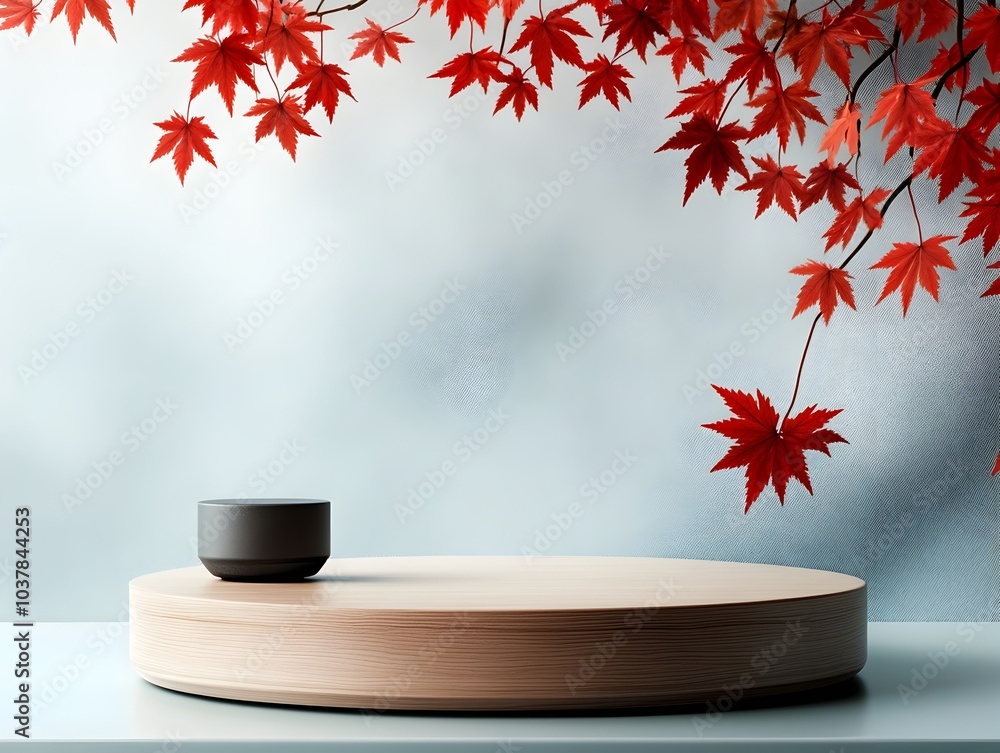 Poster elegant wooden podium or display stand placed on a table with soft warm toned red maple leaves hangi