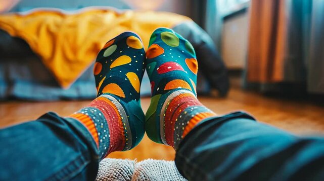 A person is relaxing with their feet up, wearing colorful socks