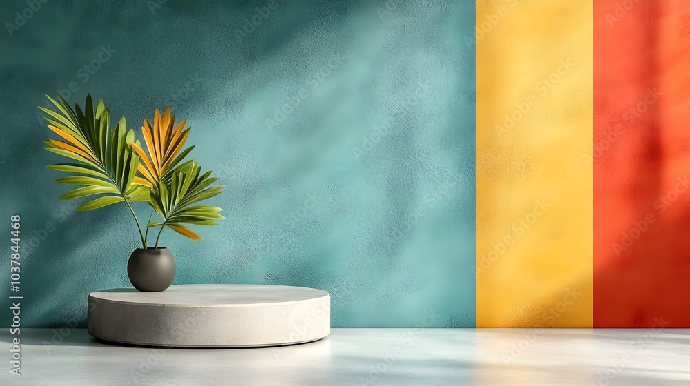 Poster minimalist 3d studio room with neutral gray walls and floor empty product podium in center soft wind