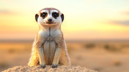 A curious meerkat stands alert on a rocky surface, gazing into the distance under a serene sunset sky. Captivating wildlife close-up.