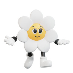 3d Smiling white daisy retro character with black eyes, arms and legs. Suitable for childrens books, greeting cards, stationery, and packaging designs.