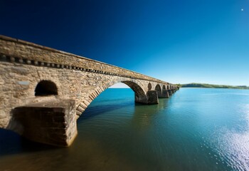 Fototapeta premium A stone bridge with multiple arches spans a body of blue water against a clear sky.