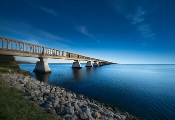 A long concrete bridge extends over a calm blue body of water, with a bright blue sky above.