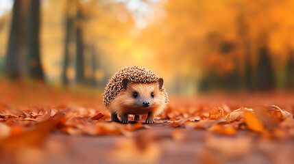 Fototapeta premium A cute hedgehog wandering through a picturesque autumn landscape filled with orange and yellow leaves, showcasing the charm of wildlife in nature.