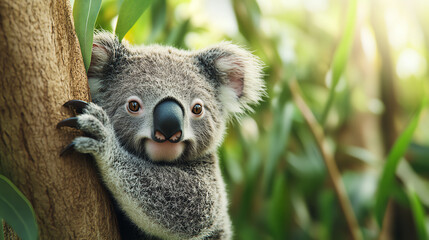Obraz premium A cute koala perched on a tree branch, surrounded by lush green foliage, embodying the tranquility of an Australian habitat.