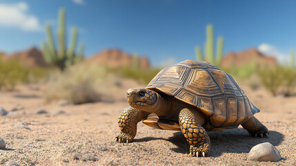 A detailed view of a tortoise walking on sandy terrain under a clear blue sky, surrounded by desert vegetation.