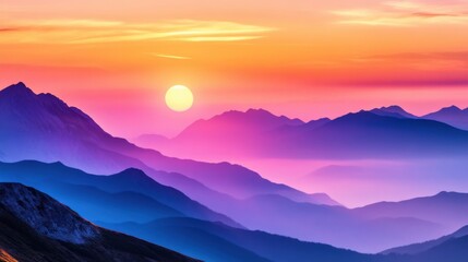 Serene sunset over layered mountains with vibrant colors.