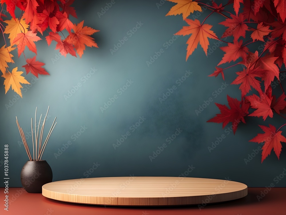 Poster beautifully arranged wooden circular display with red maple leaves draped elegantly against a warm t